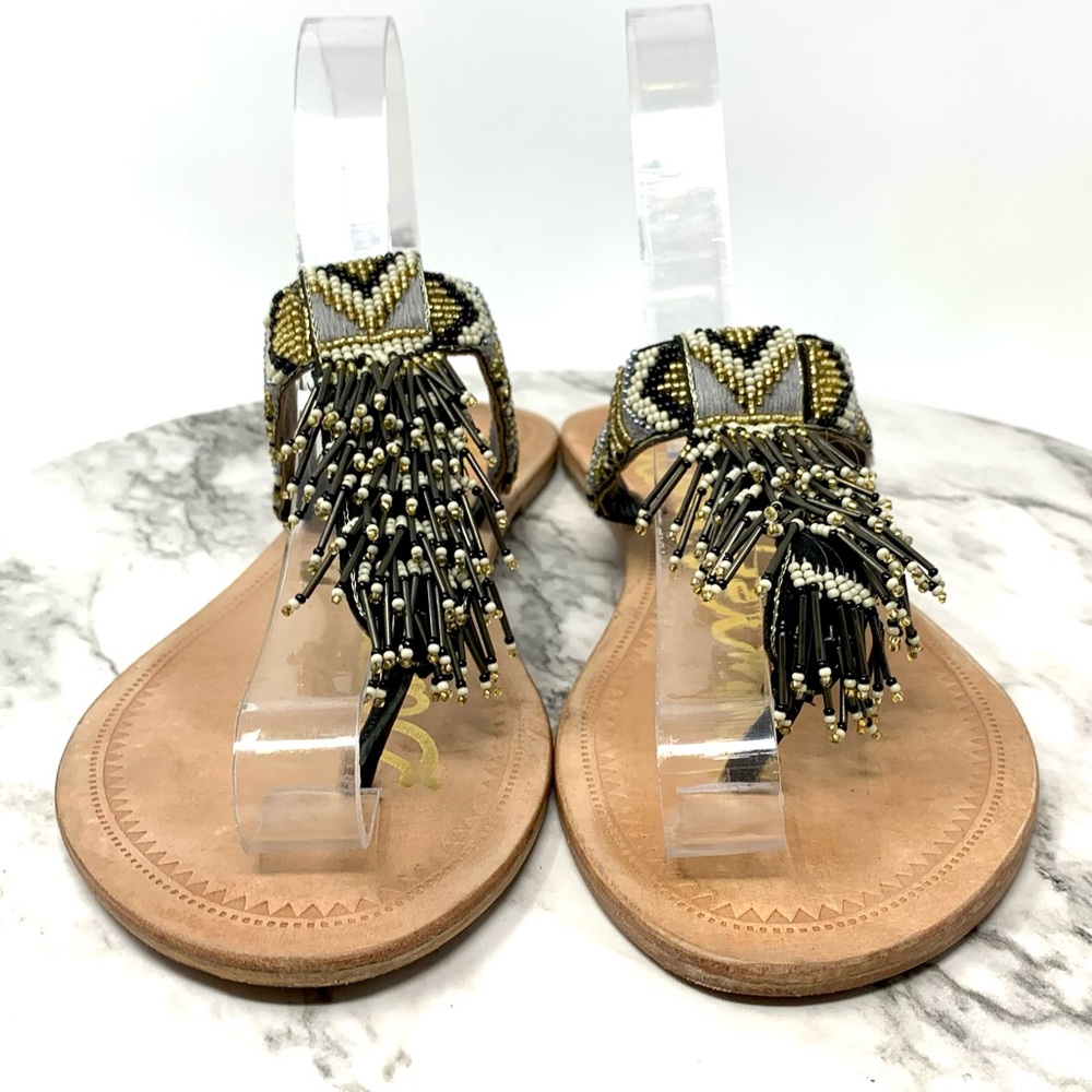Sam Edelman Anella Beaded Fringe Flip Flops 7.5 Geometric Bohemian Western Artsy - Picture 4 of 16
